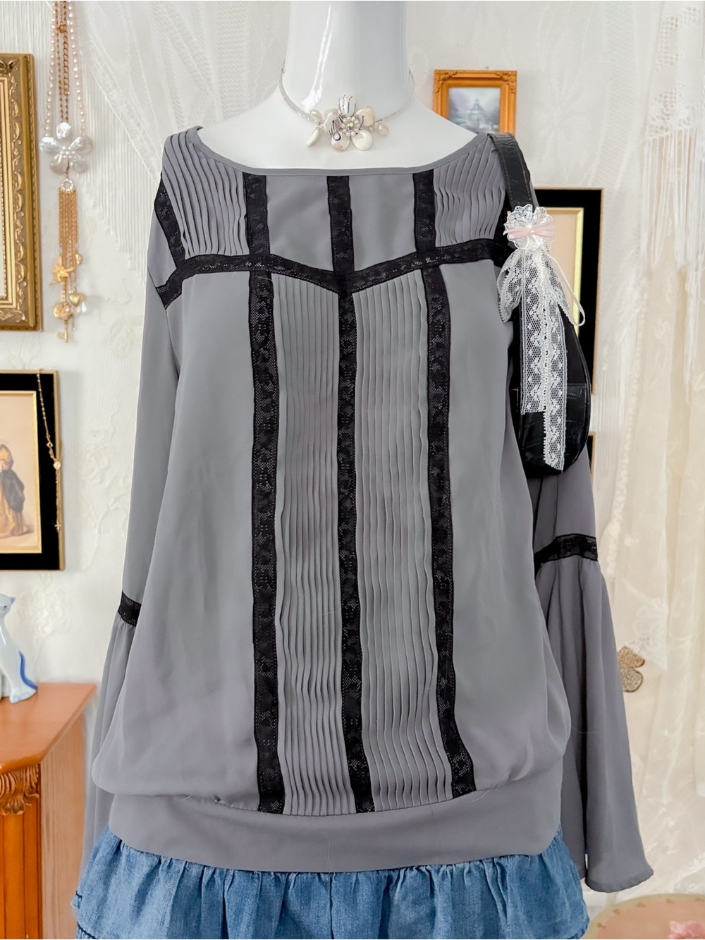 Coquette romantic whimsigoth girly black lace trim chiffon bell sleeve blouse
